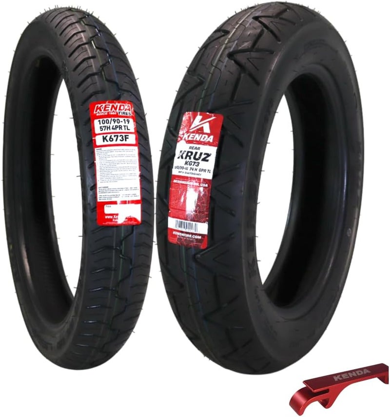 KENDA إطارات دراجة نارية كروز K673 100/90-19 (57H) أمامية و130/90-16 خلفية - إطارات شوارع كروزر - إطارات كروزر عالية الأميال مع قبضة ممتازة على الطرق المبللة واستقرار، تشمل سلسلة مفاتيح - Image 1